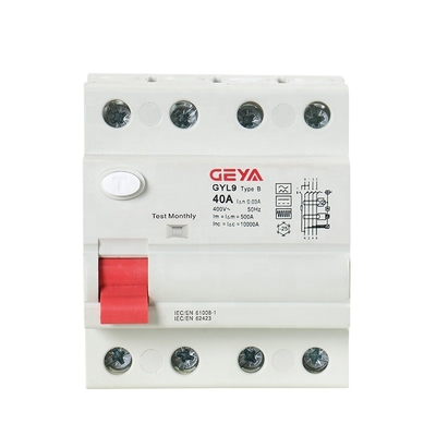 GEYA 4 Poles B RCCB Circuit Breaker Residual Current DC ELCB 4P 40Amp 30mA Type B 10KA RCD For Solar PV System 6kA / 10kA